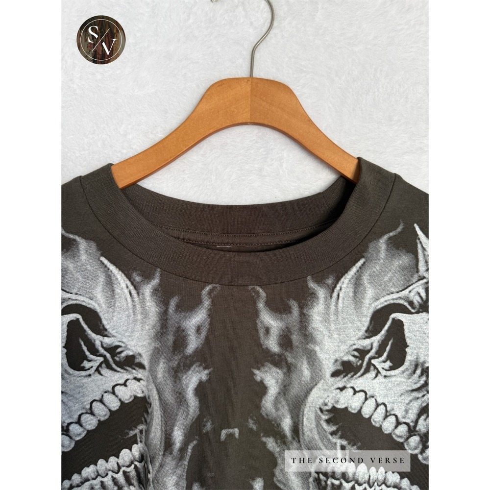 Rebellious Skull Graphic Long Slv Shirt Men Streetwear Goth Grunge Grey Black XL - Picture 2 of 7